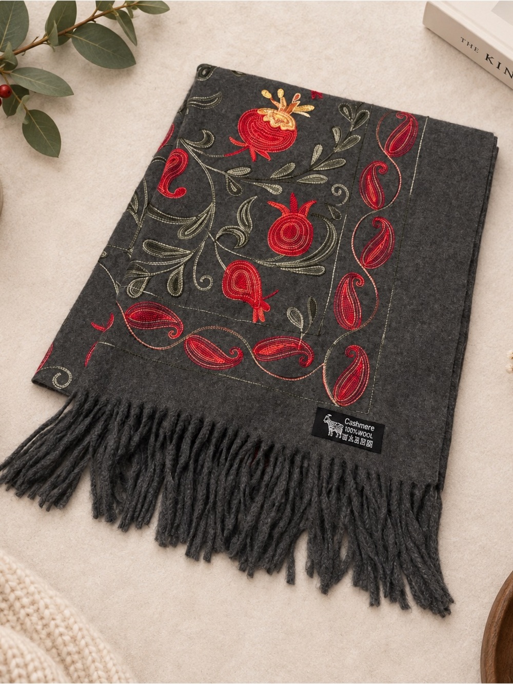 Gray Cashmere Wool Scarf — Embroidered Pomegranate & Paisley, Fringe Trim